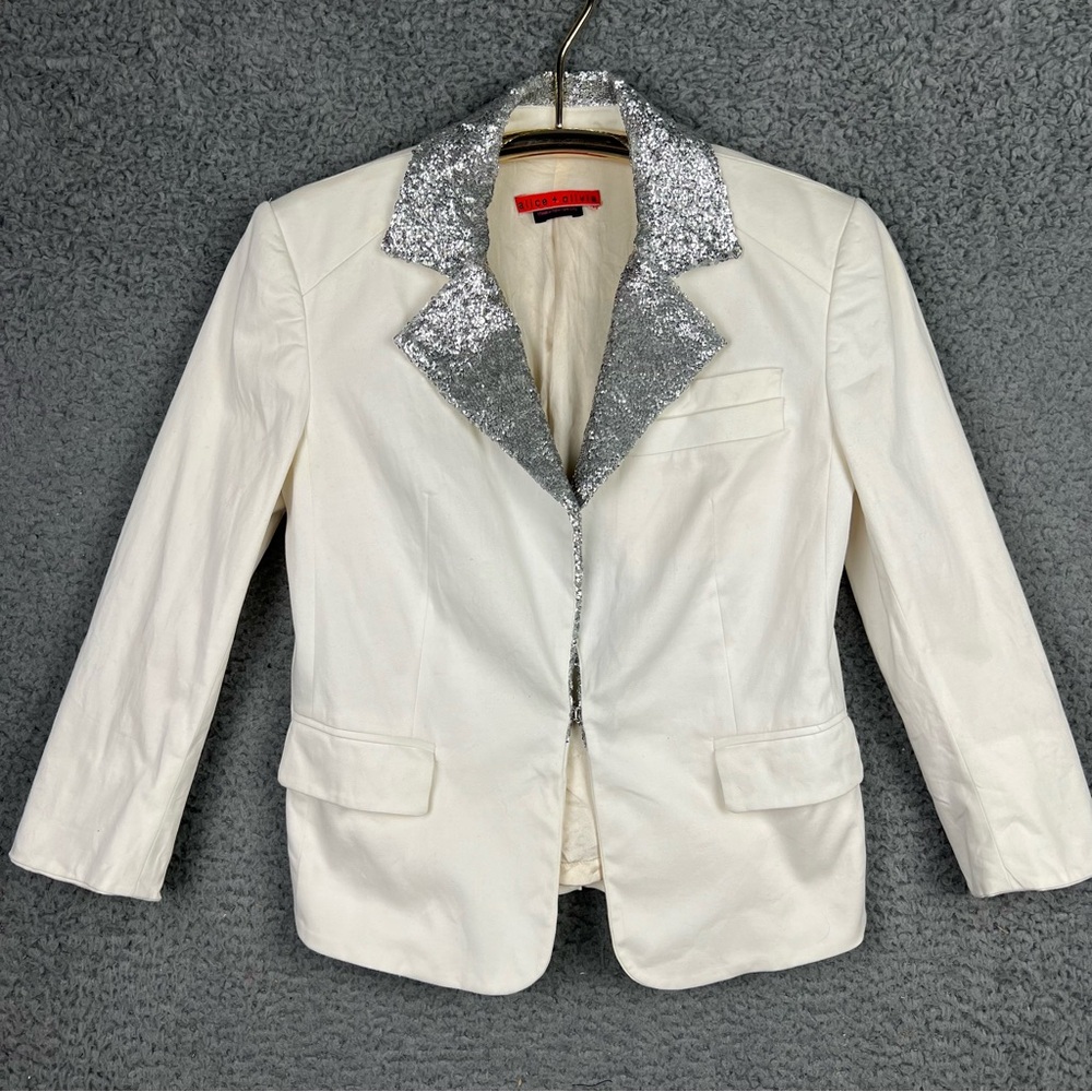 Alice + Olivia XS/2 Off White Silver Sequin Lapel Blazer Fitted Crop 3/4 Sleeves